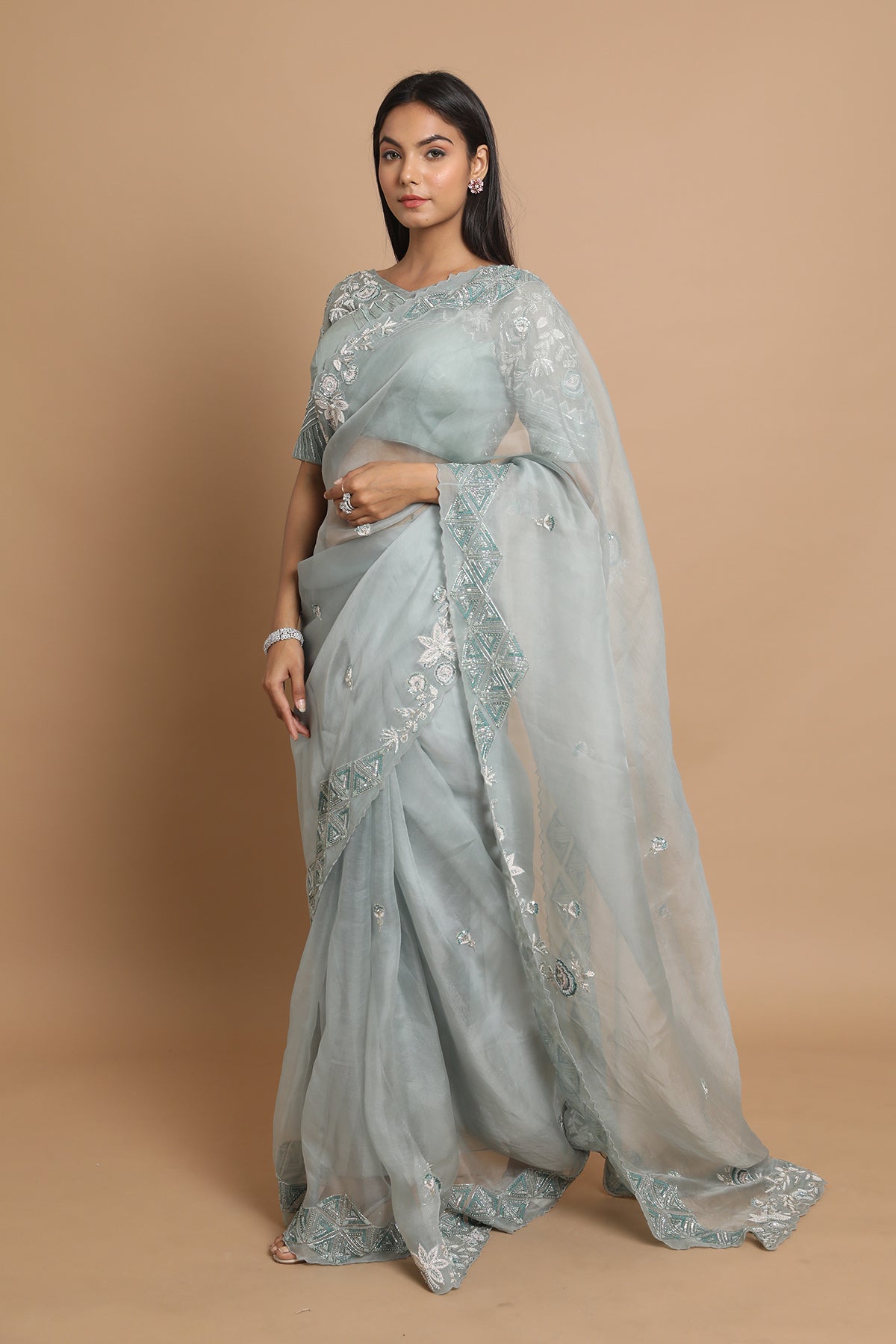 Teal Blue Organza Saree