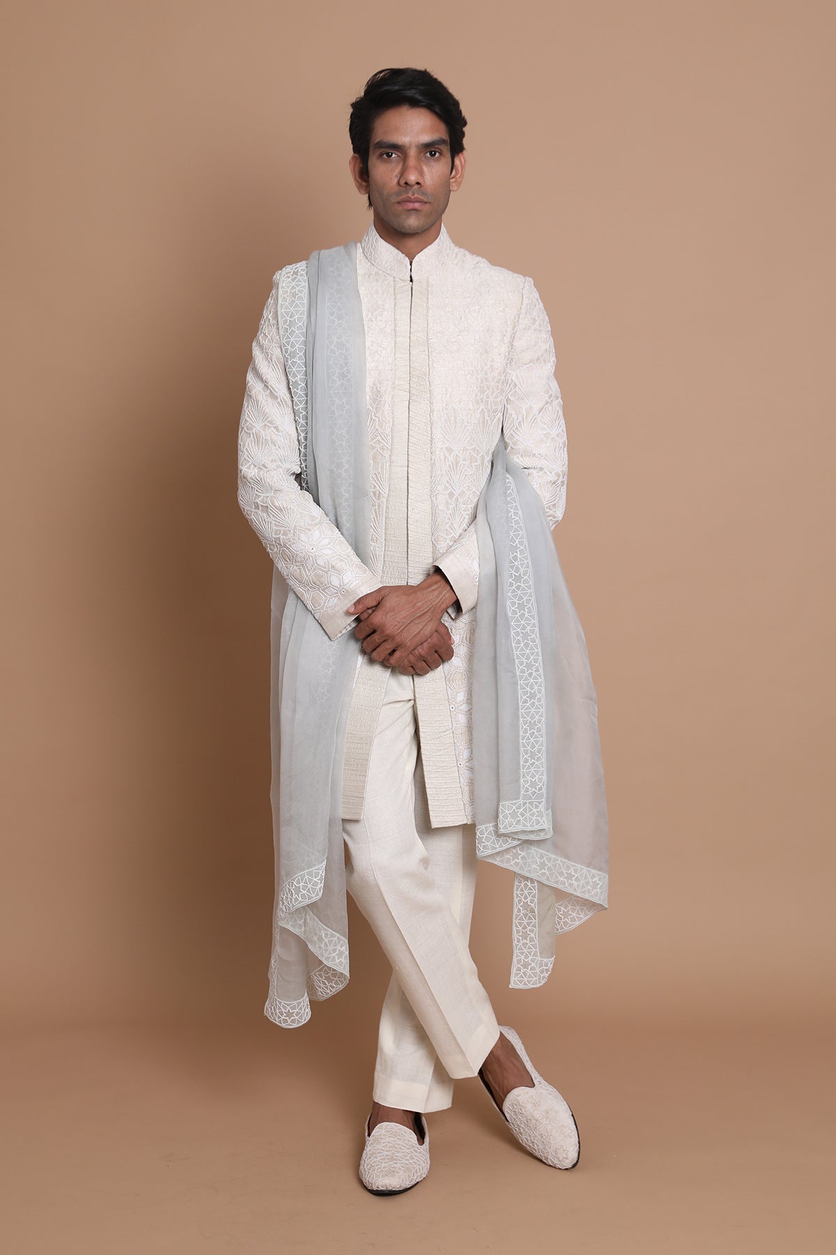 Raw Silk Hand Embroidery Sherwani Set