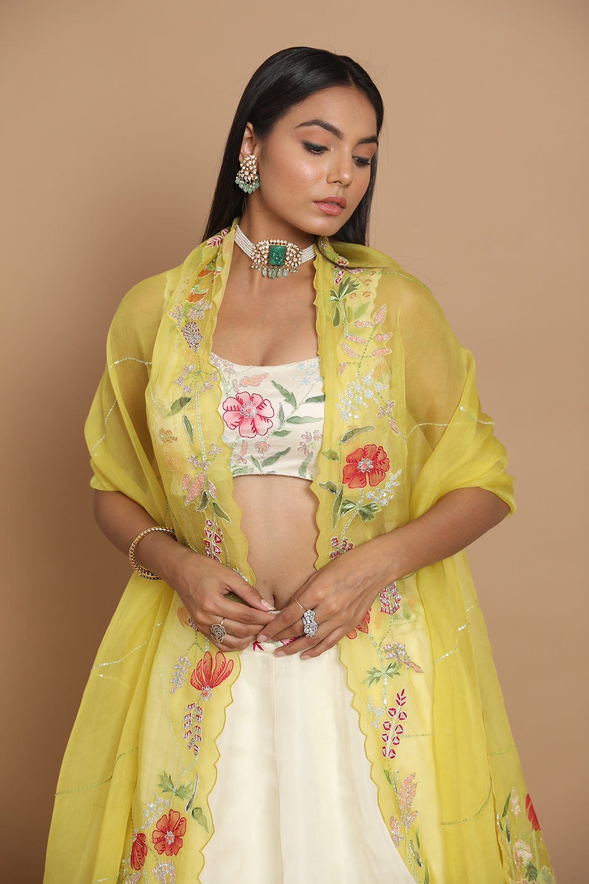 Ivory-Yellow Lehenga With Floral Motifs