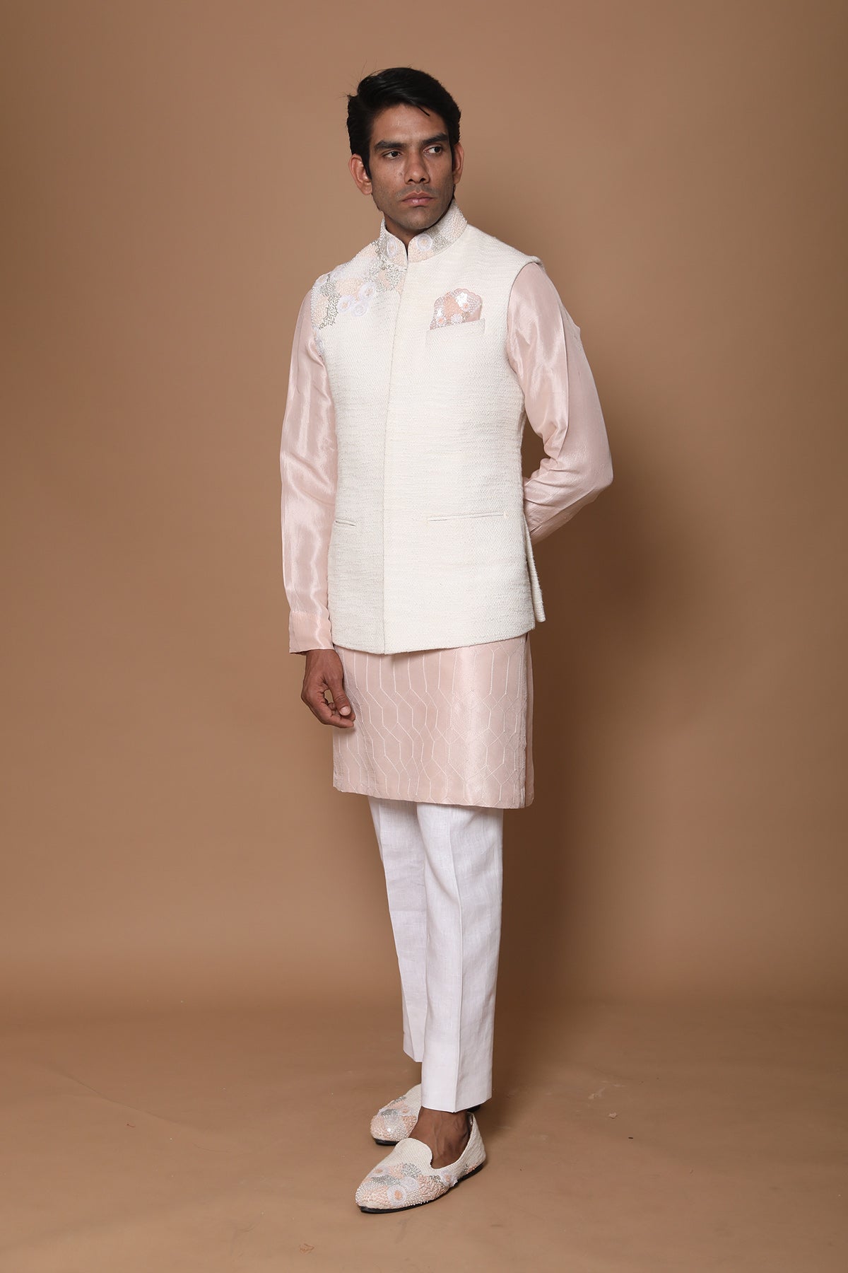 Textured Work Ivory Bundi & Kurti Set