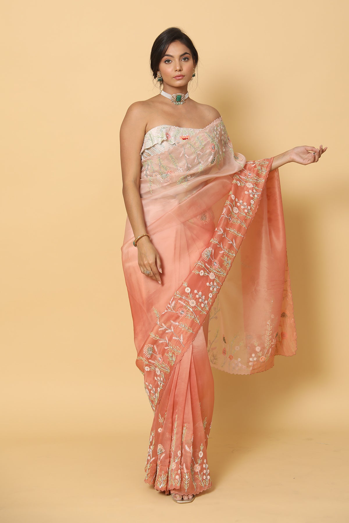 Peach-Orange Ombre Saree