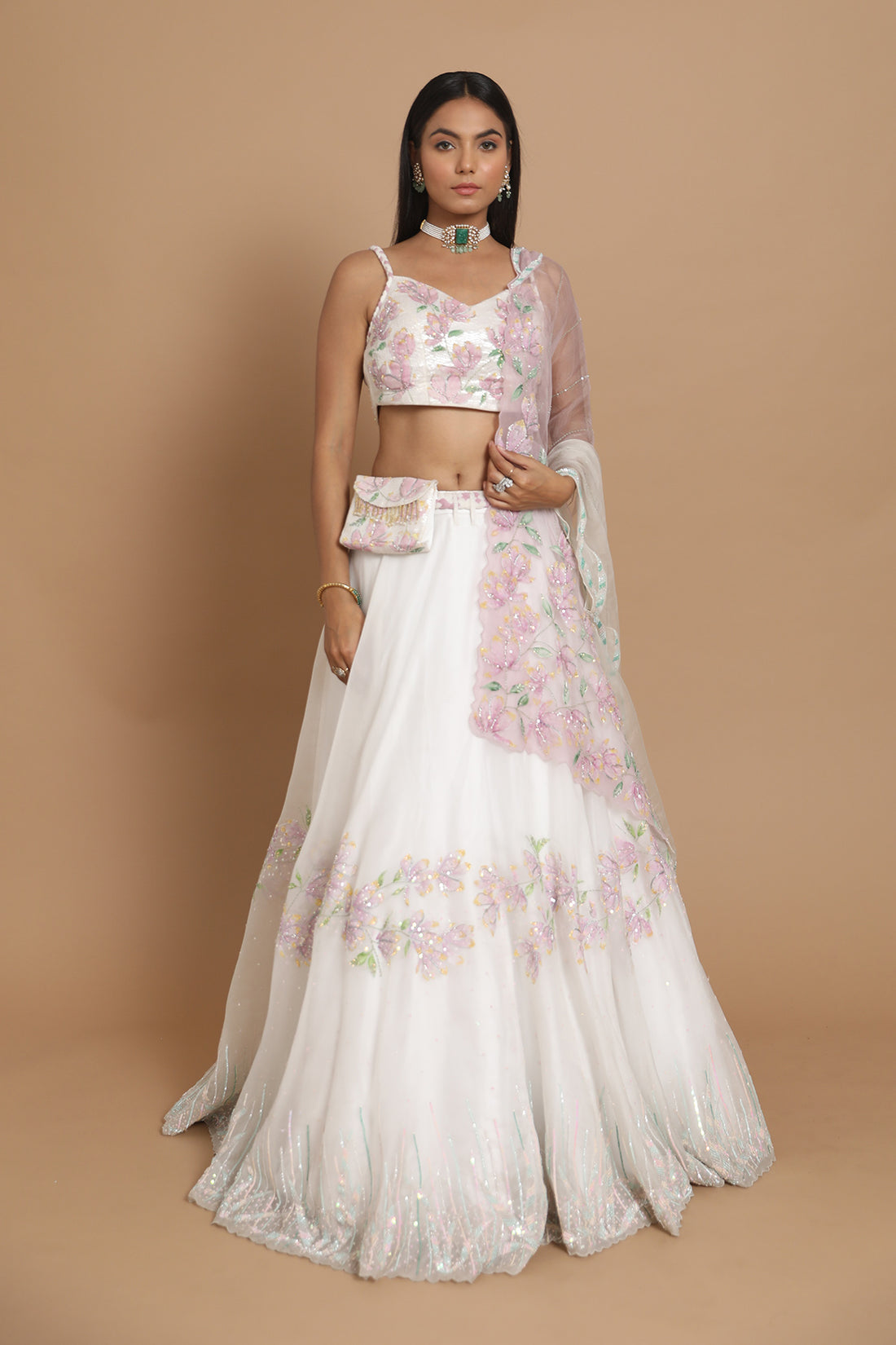 Ivory Handpainted Lehenga & Blouse With Pearl Latkans