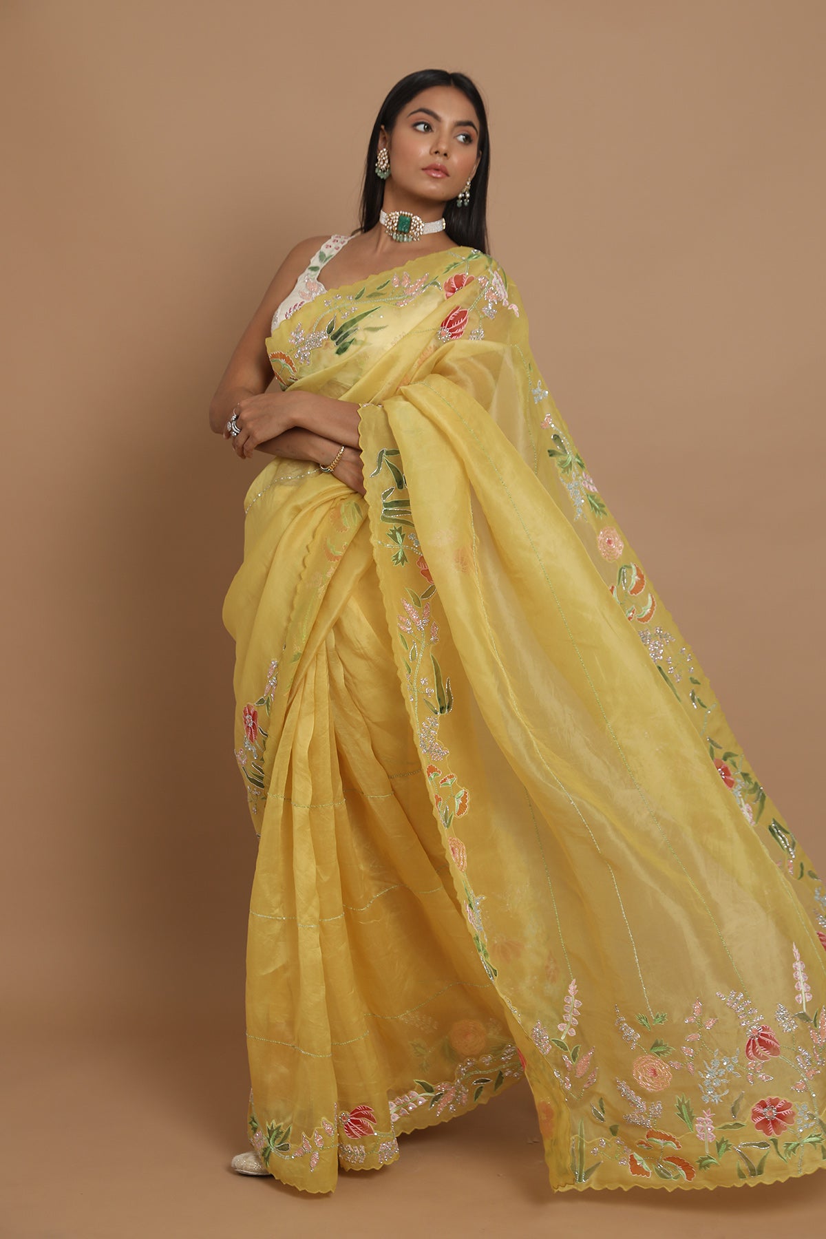 Yellow Floral Hand-Painted Saree