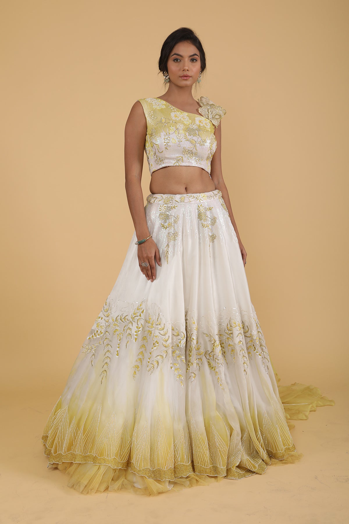 Ivory-Lemon Tone Organza Lehenga