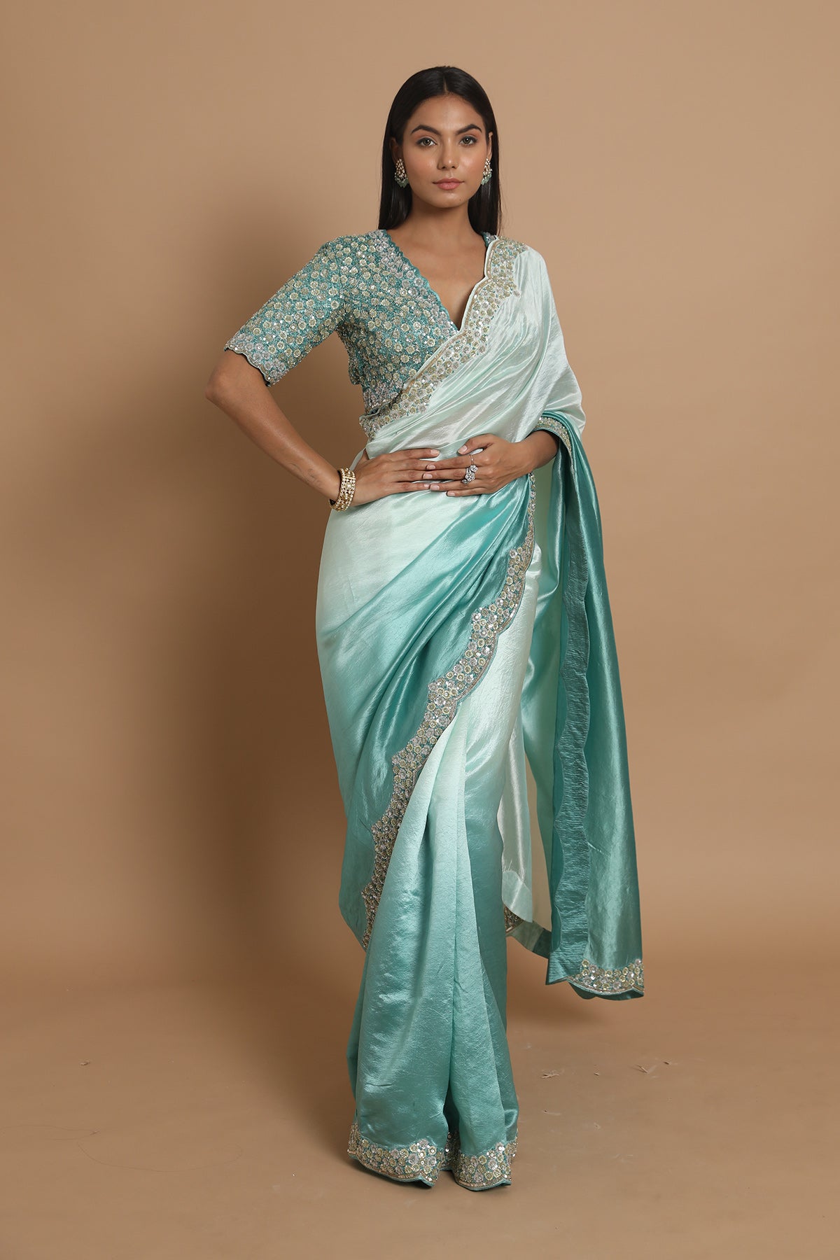 Ivory-Sage Green Heavy Silk Saree