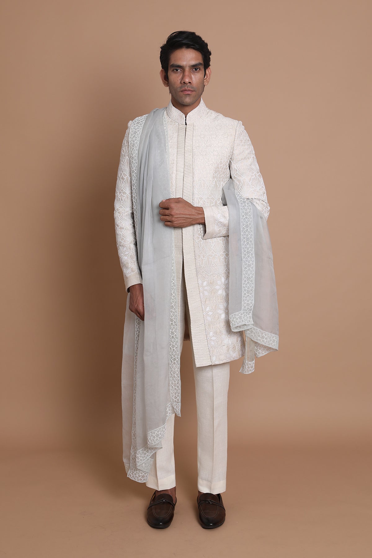 Raw Silk Hand Embroidery Sherwani Set