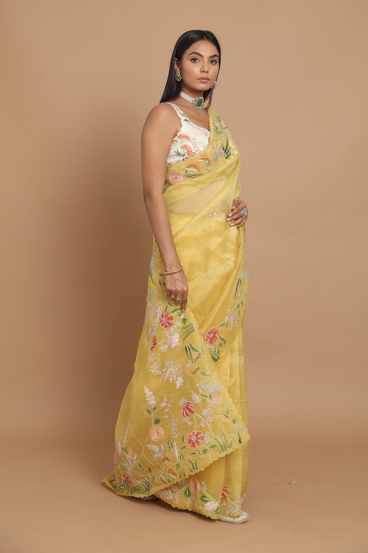 Yellow Floral Hand-Painted Saree