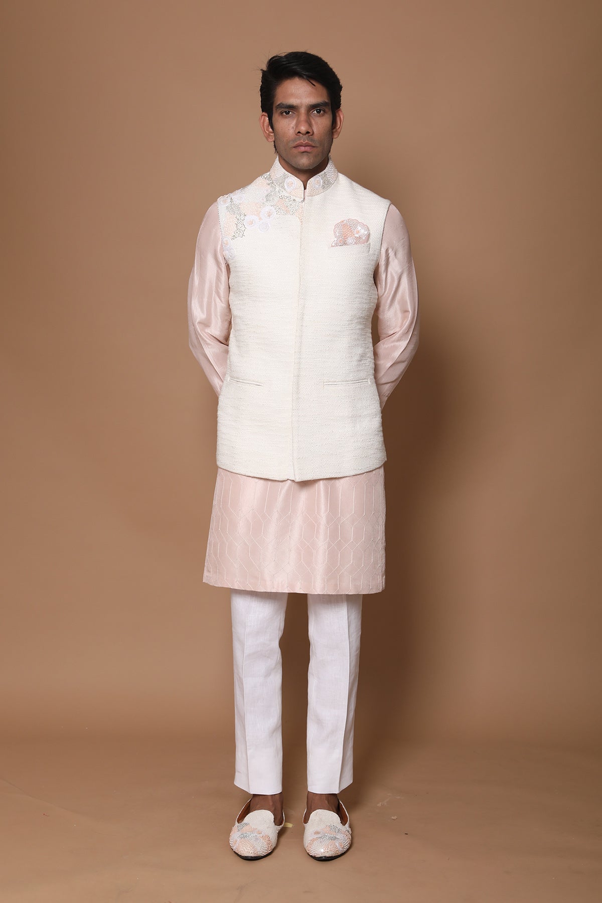 Textured Work Ivory Bundi & Kurti Set