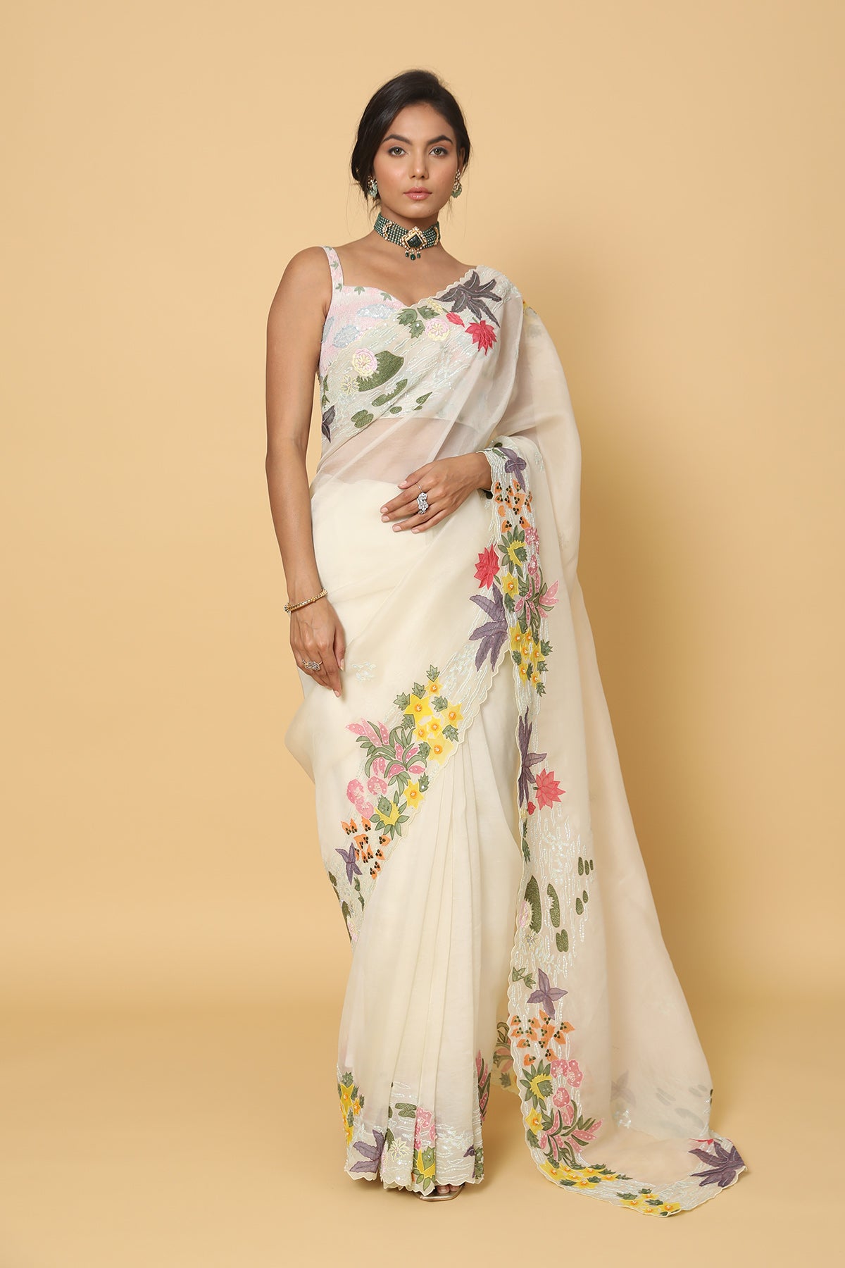 Light Lemon Floral Border Saree