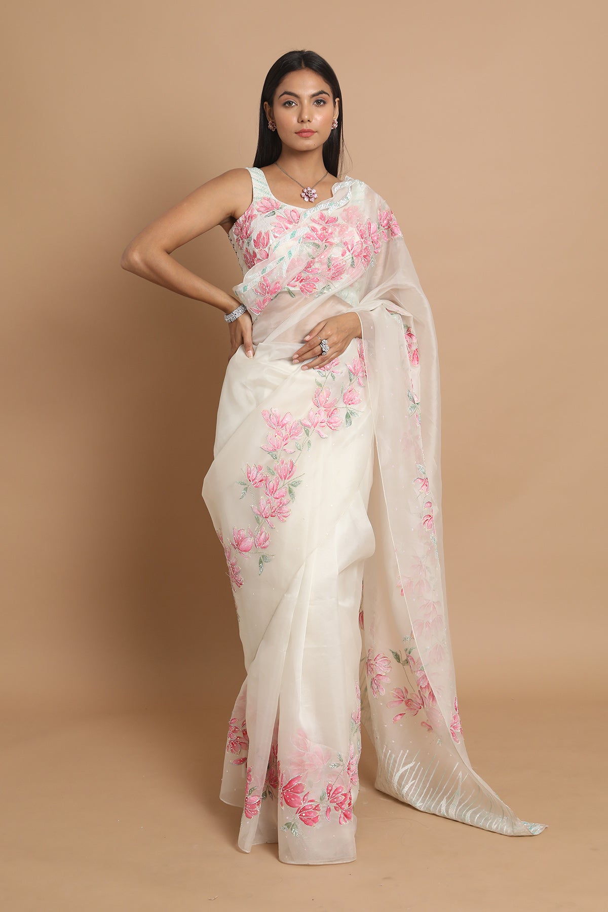 Organza Saree With Pink Floral Motifs