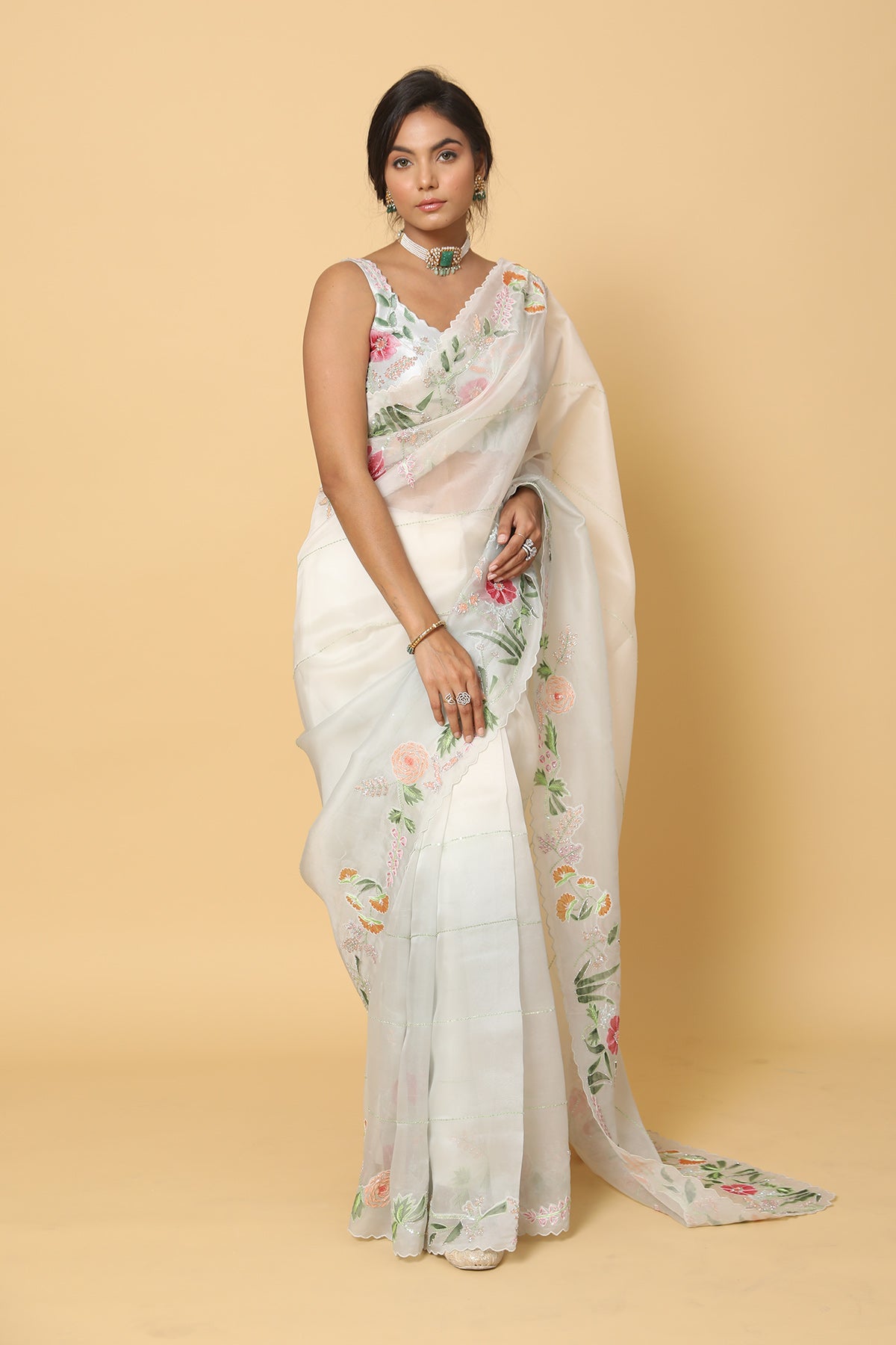 Light Floral Boarder Ivory Saree