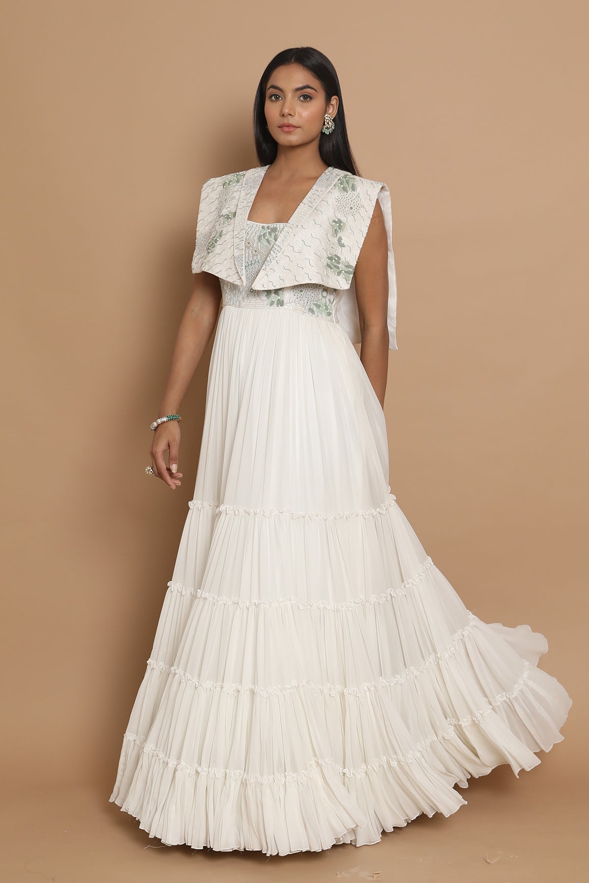 Frill Edged A Line Gown With Drape