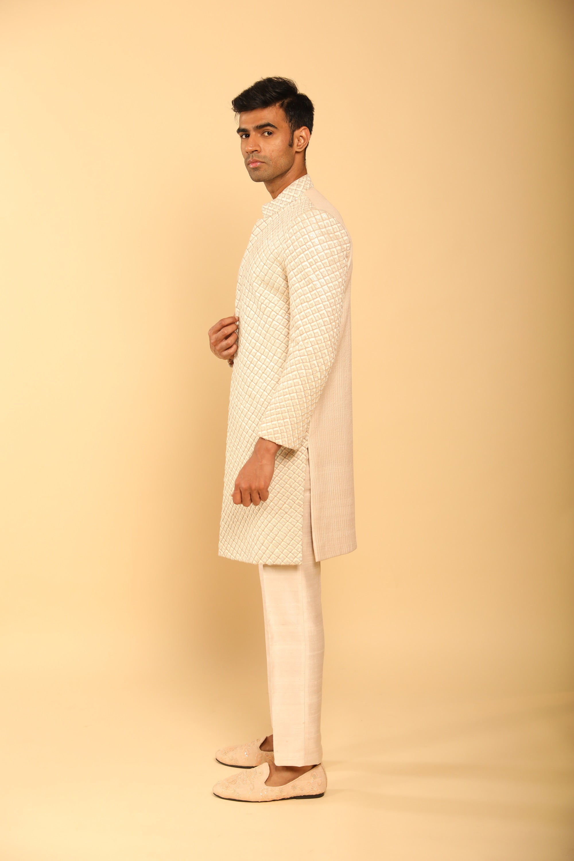 Men's Beige Embroidered Sherwani Set