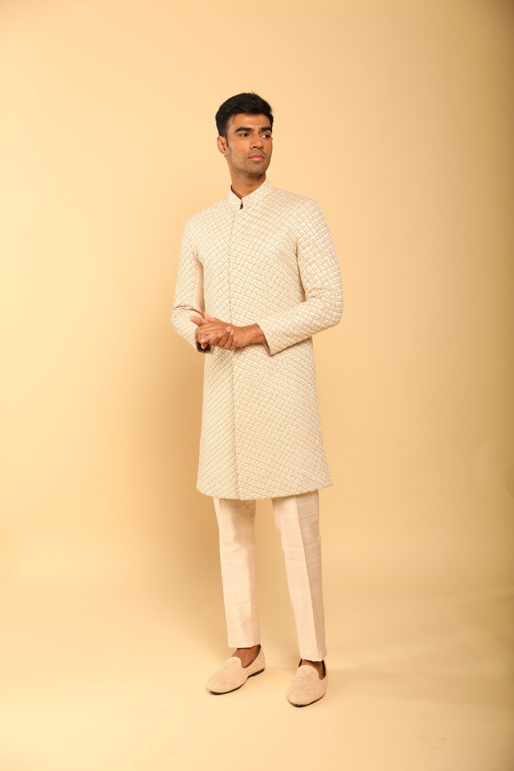 Men's Beige Embroidered Sherwani Set