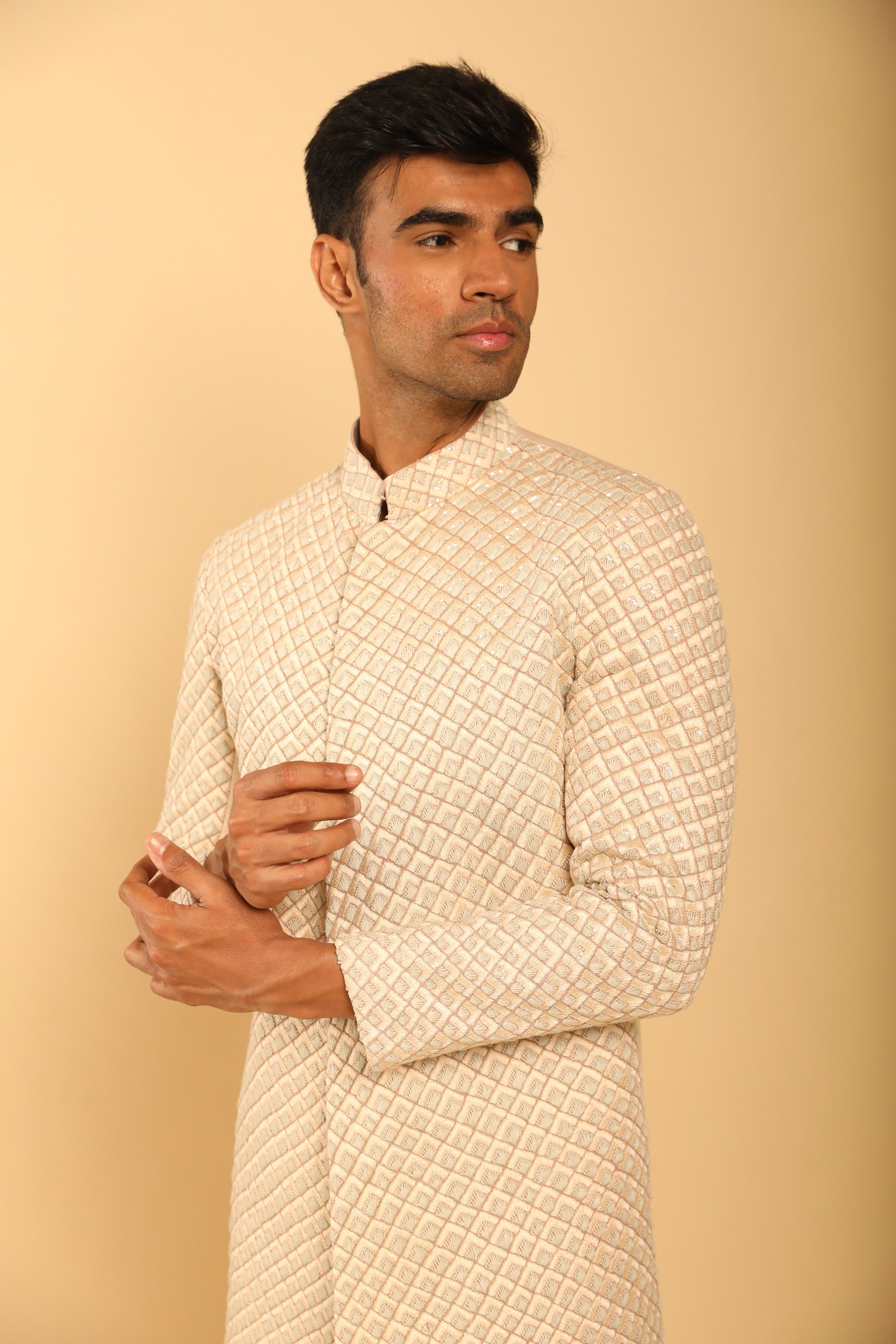 Men's Beige Embroidered Sherwani Set