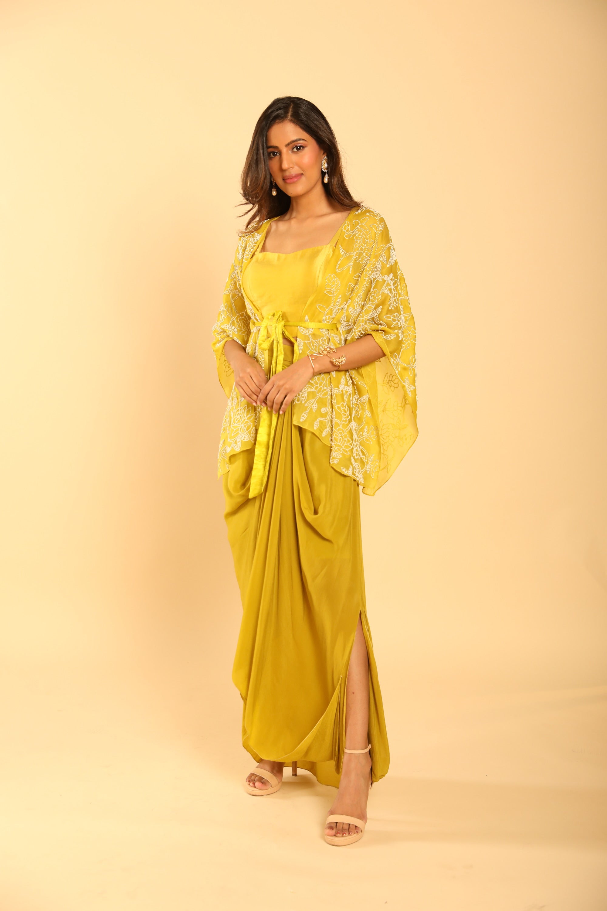 Indo Western Mustard Bustier Dhoti Set with fine Pearl work