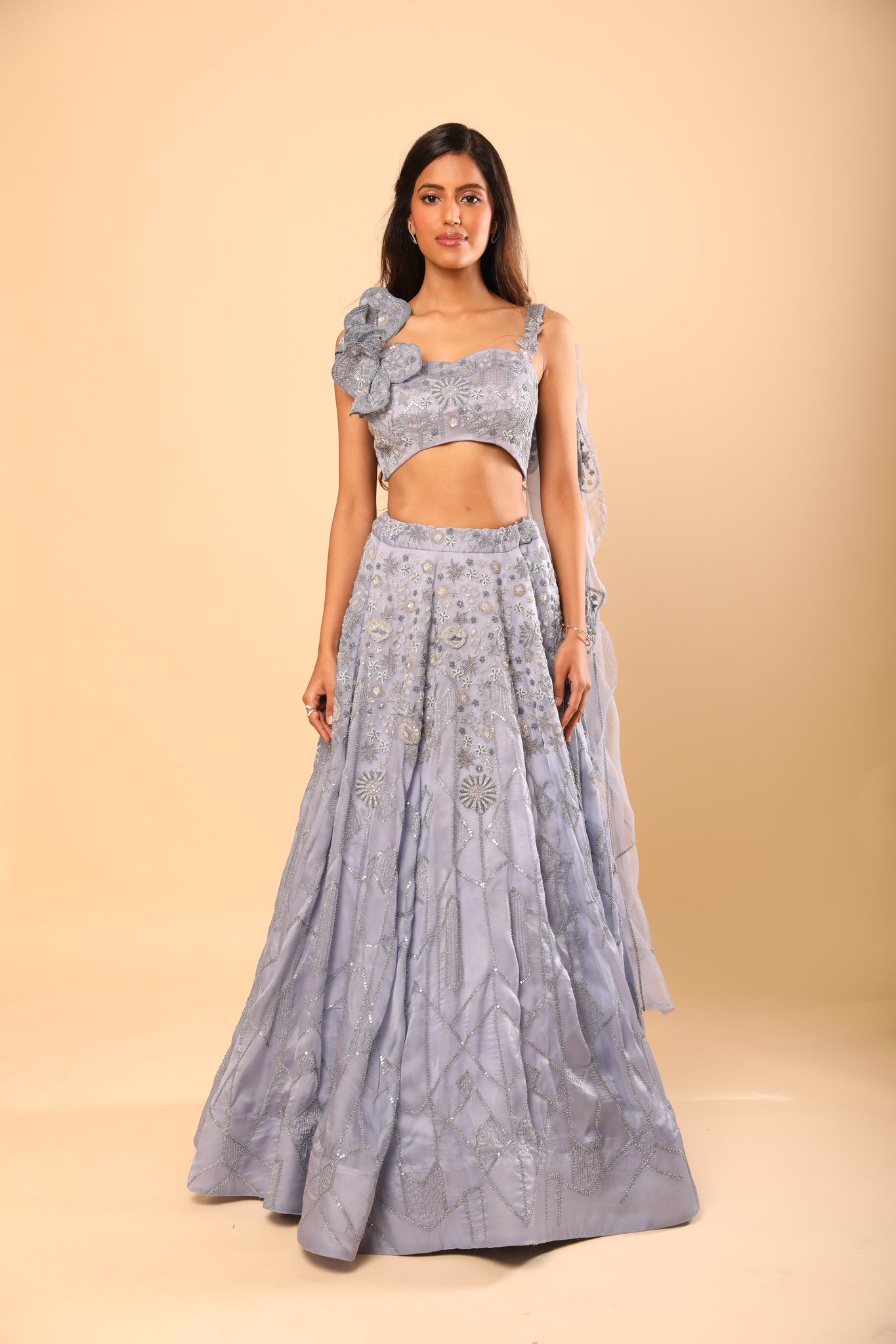 Light Steel Blue Embroidered Lehenga with Sequins, katdana and Pearl Embroidery