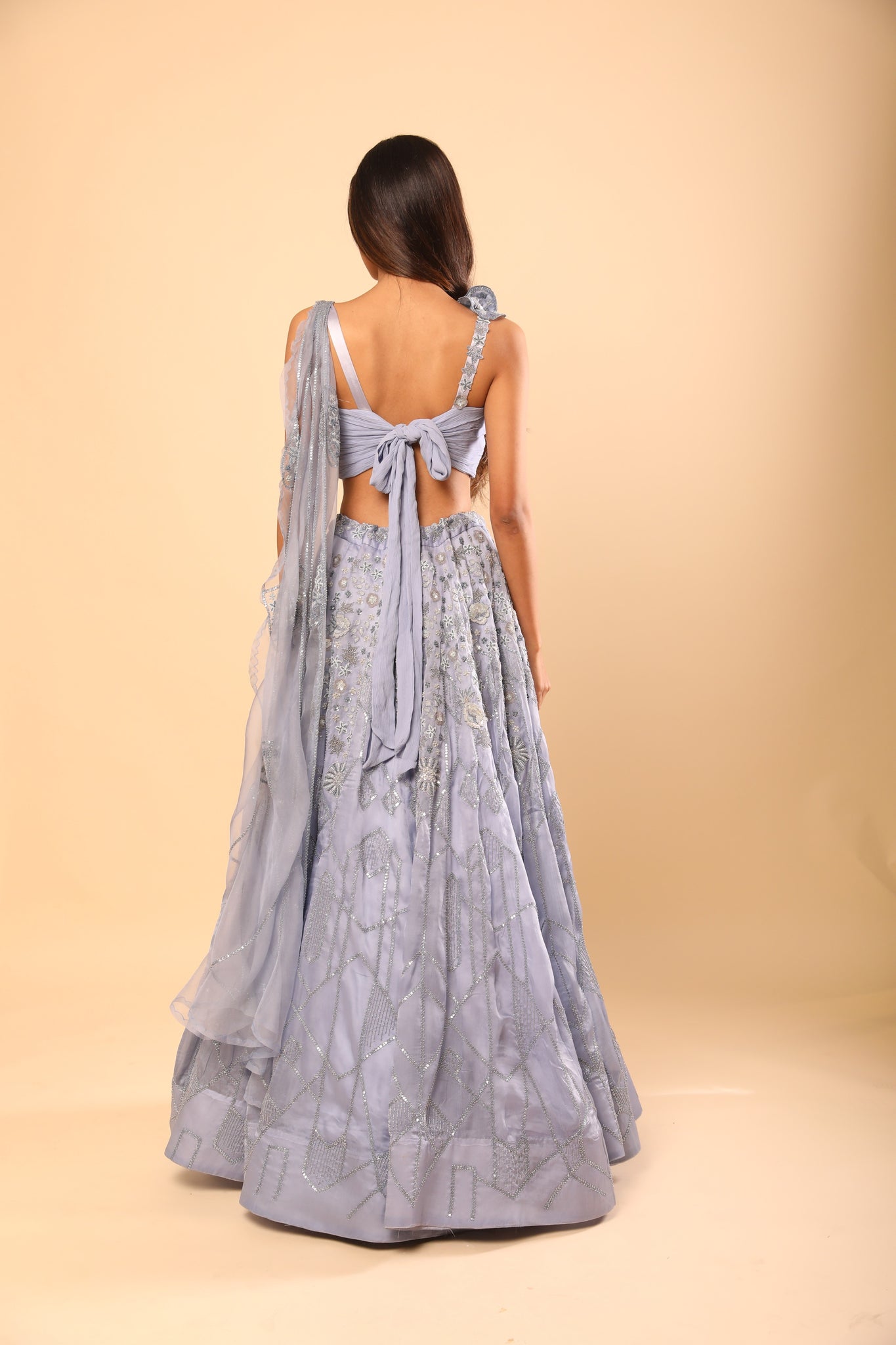 Light Steel Blue Embroidered Lehenga with Sequins, katdana and Pearl Embroidery