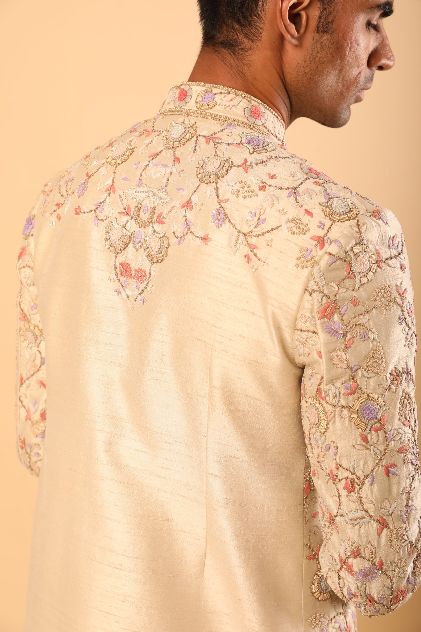 Beige Sherwani Set with French Knot Embroidery