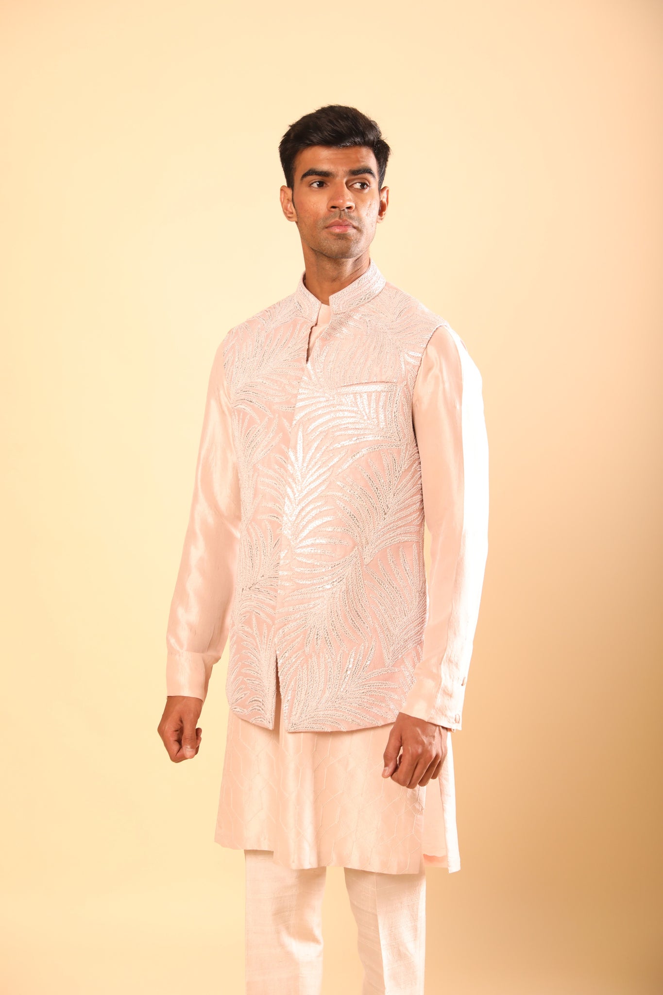 Blush Pink bandhgala with Leaf Work of Dhaga and Leather