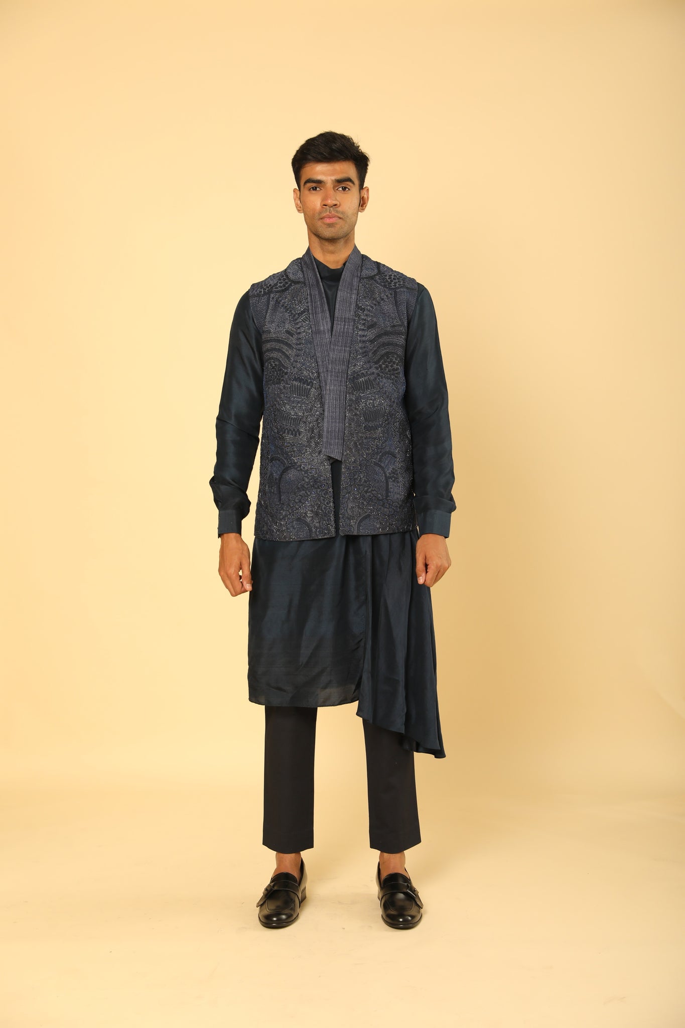 Embroidered Bundi And Drape Kurta Set