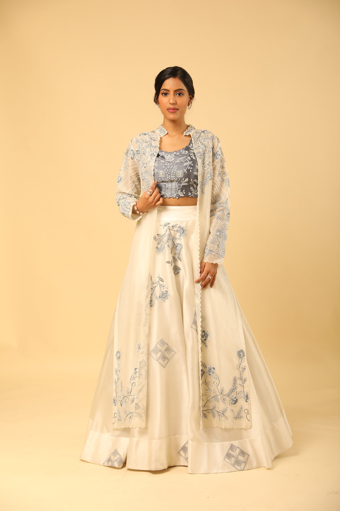 Ivory Embroidered Lehenga With Side Slit Jacket