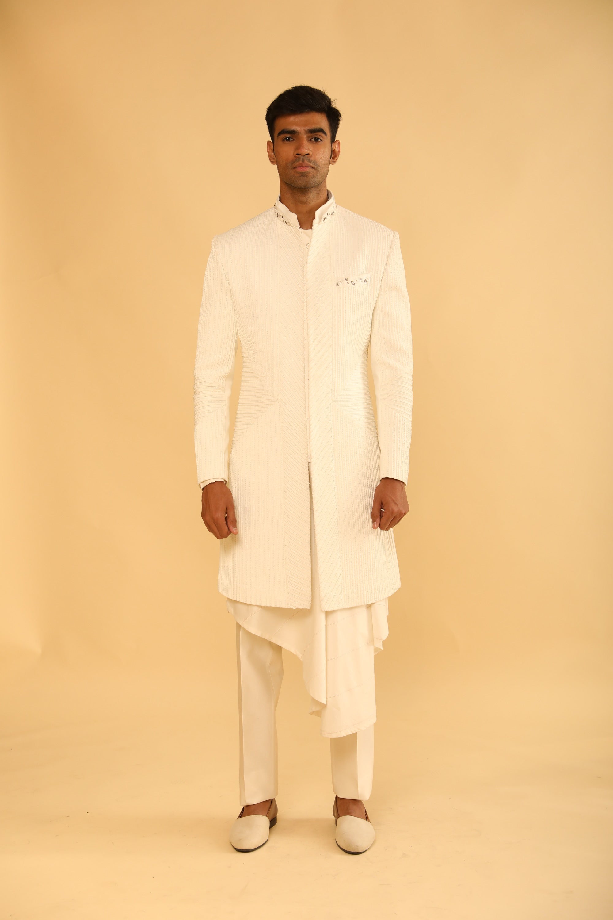 Ivory Raw Silk Achkan Set With Cotton Drape Kurta