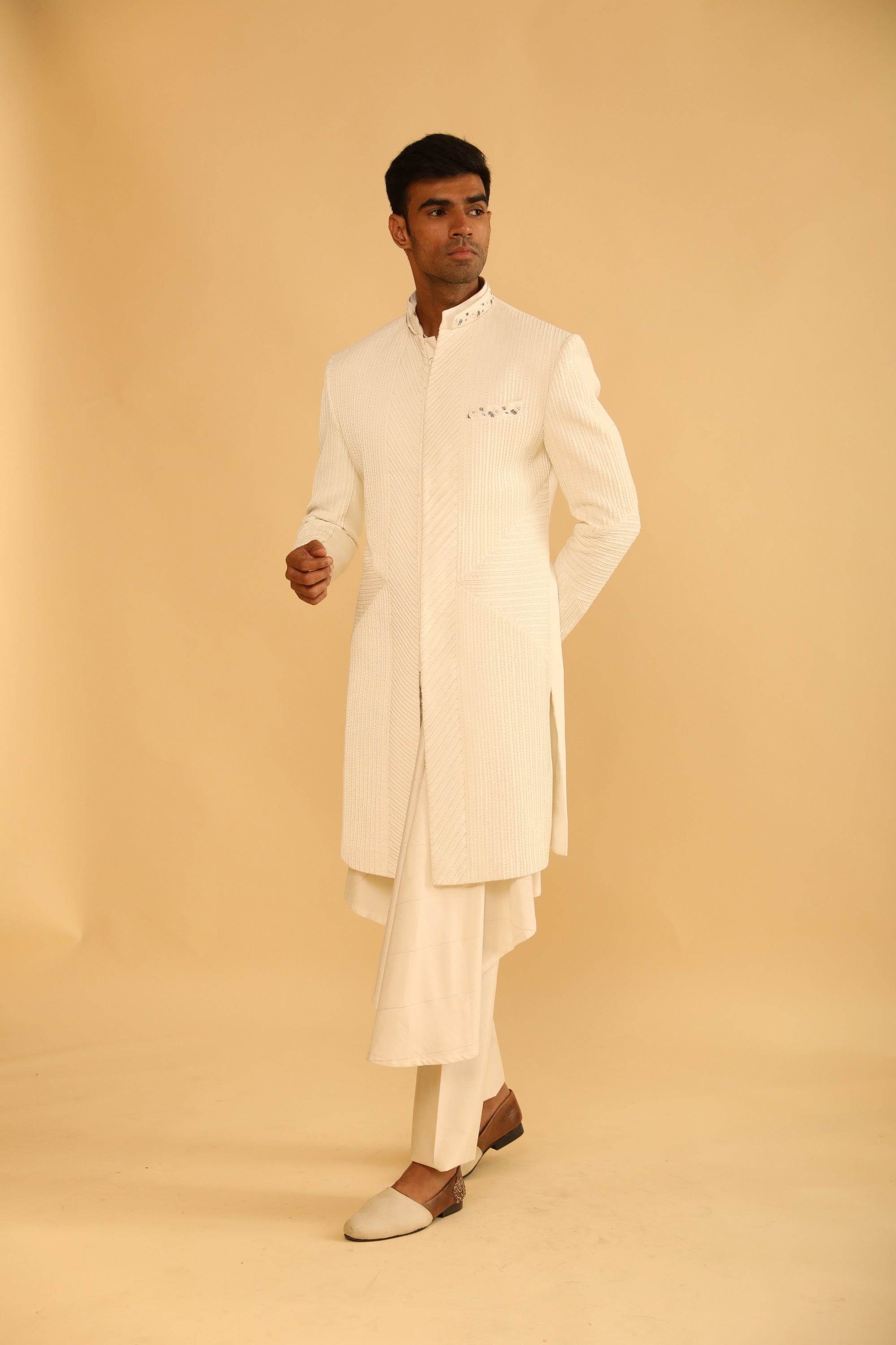 Ivory Raw Silk Achkan Set With Cotton Drape Kurta