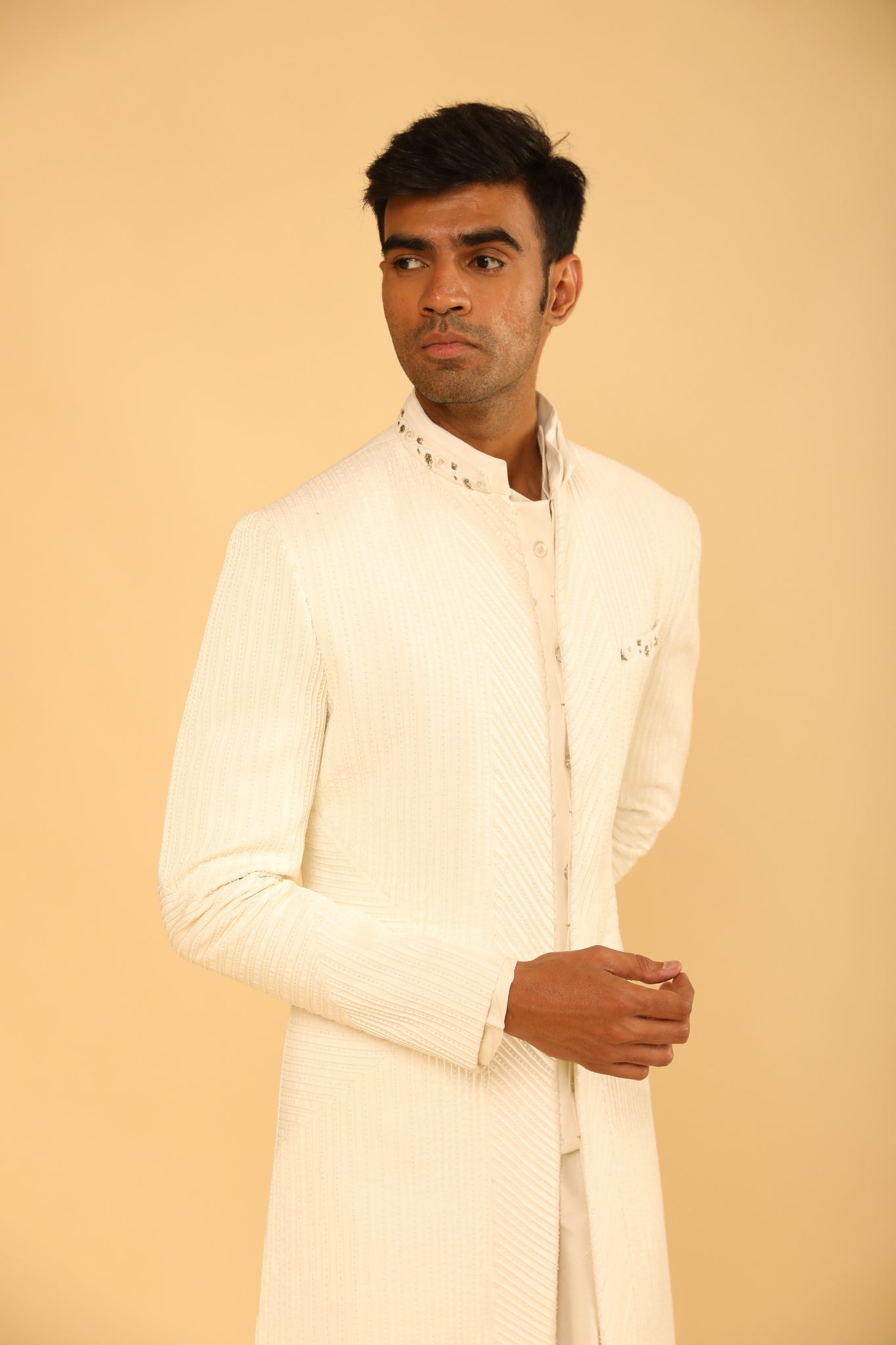 Ivory Raw Silk Achkan Set With Cotton Drape Kurta