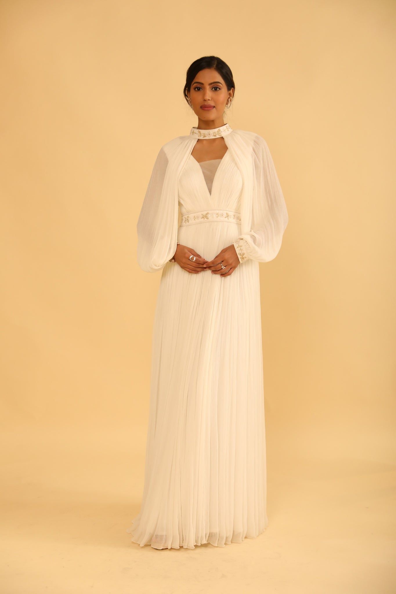 Ivory Draped Chiffon Gown with Ravelled Sequins and Katdana