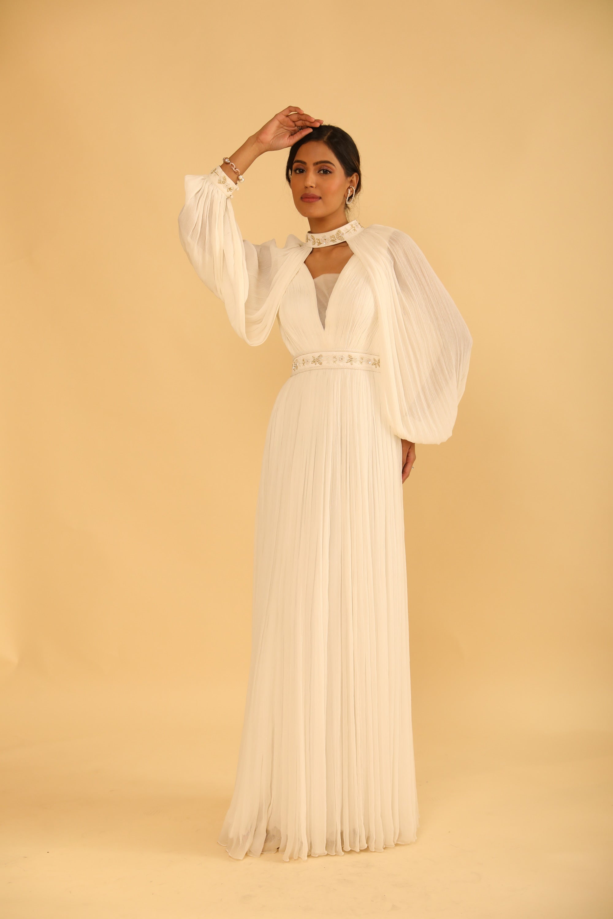 Ivory Draped Chiffon Gown with Ravelled Sequins and Katdana