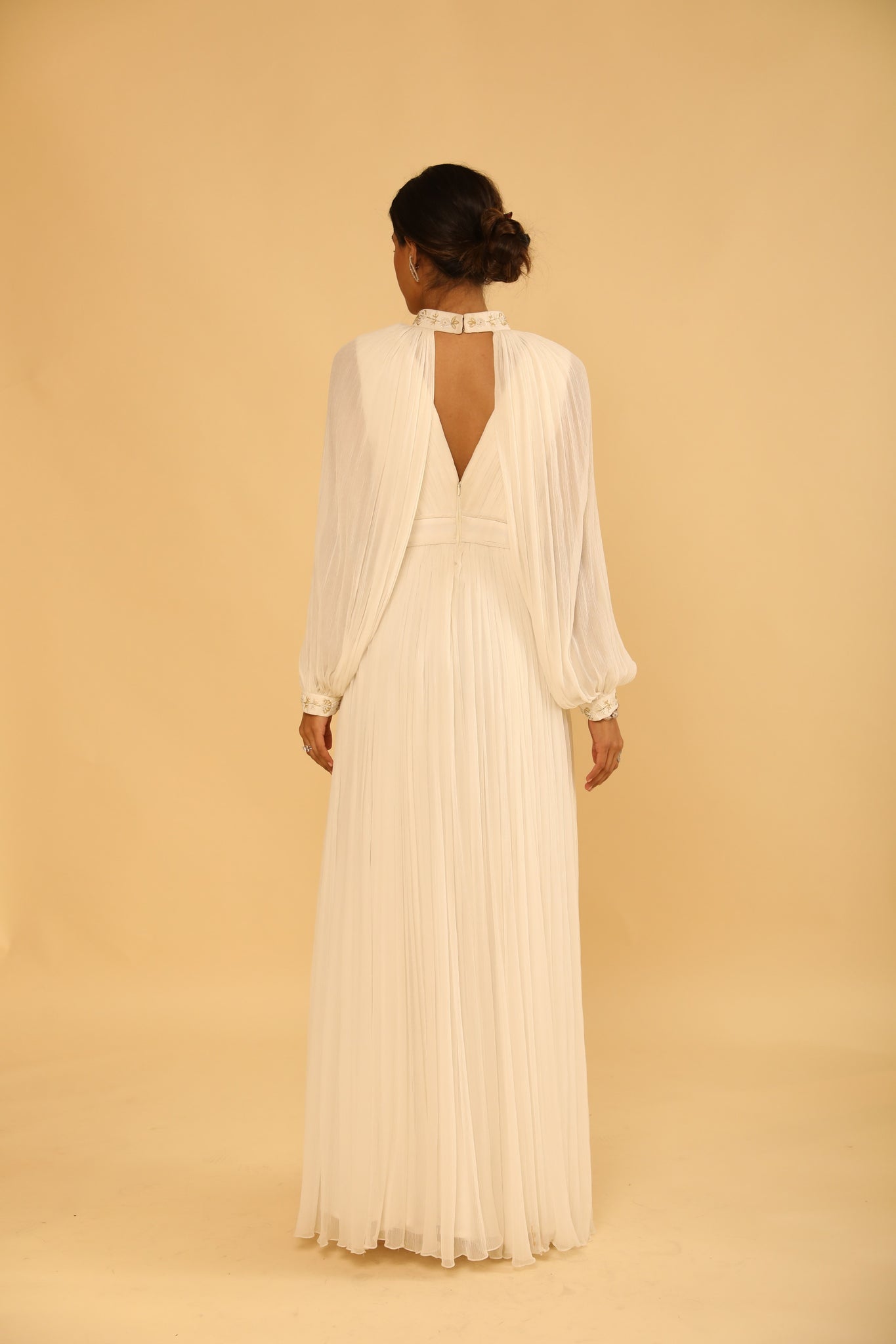 Ivory Draped Chiffon Gown with Ravelled Sequins and Katdana