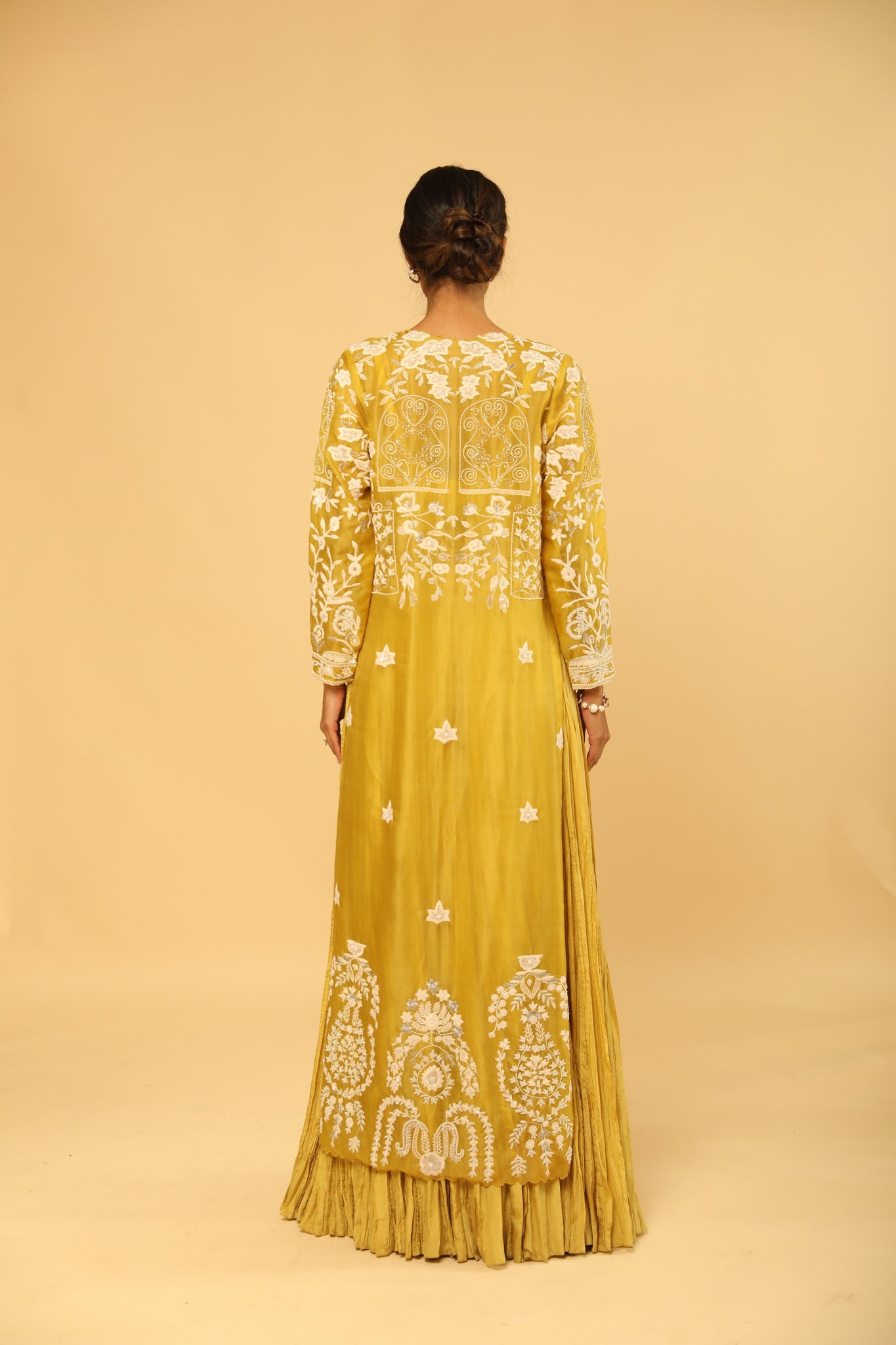Yellow Mid Length Embroidered Jacket With Silk Bustier and Skirt