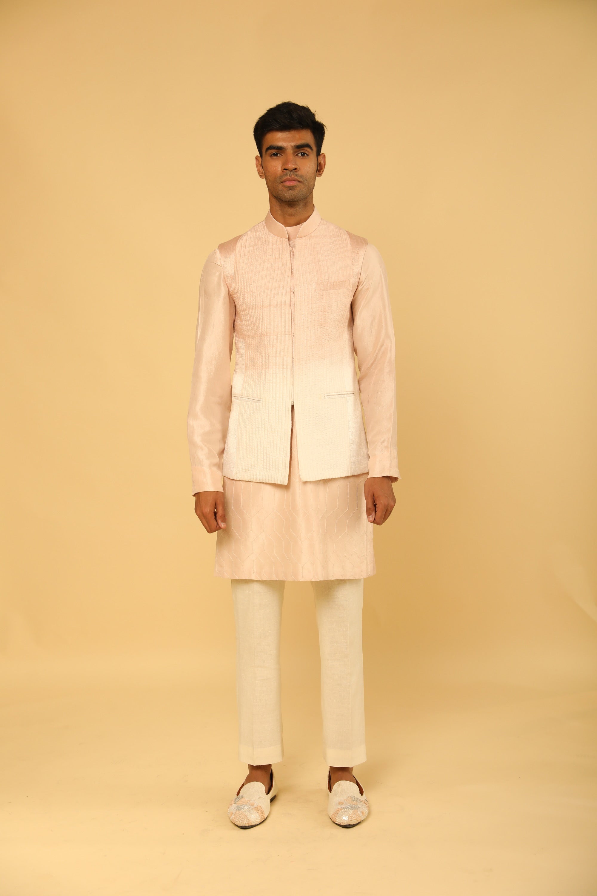 Blush Pink Pintuck Bundi And Kurta Set with fine Dori Work