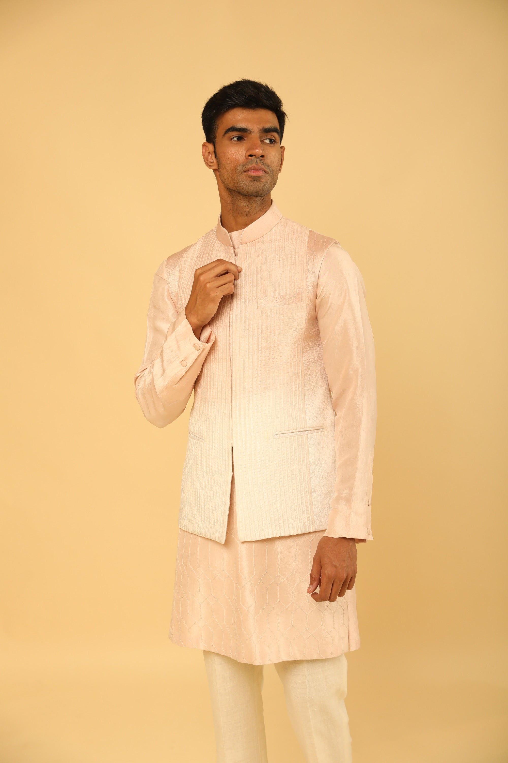 Blush Pink Pintuck Bundi And Kurta Set with fine Dori Work