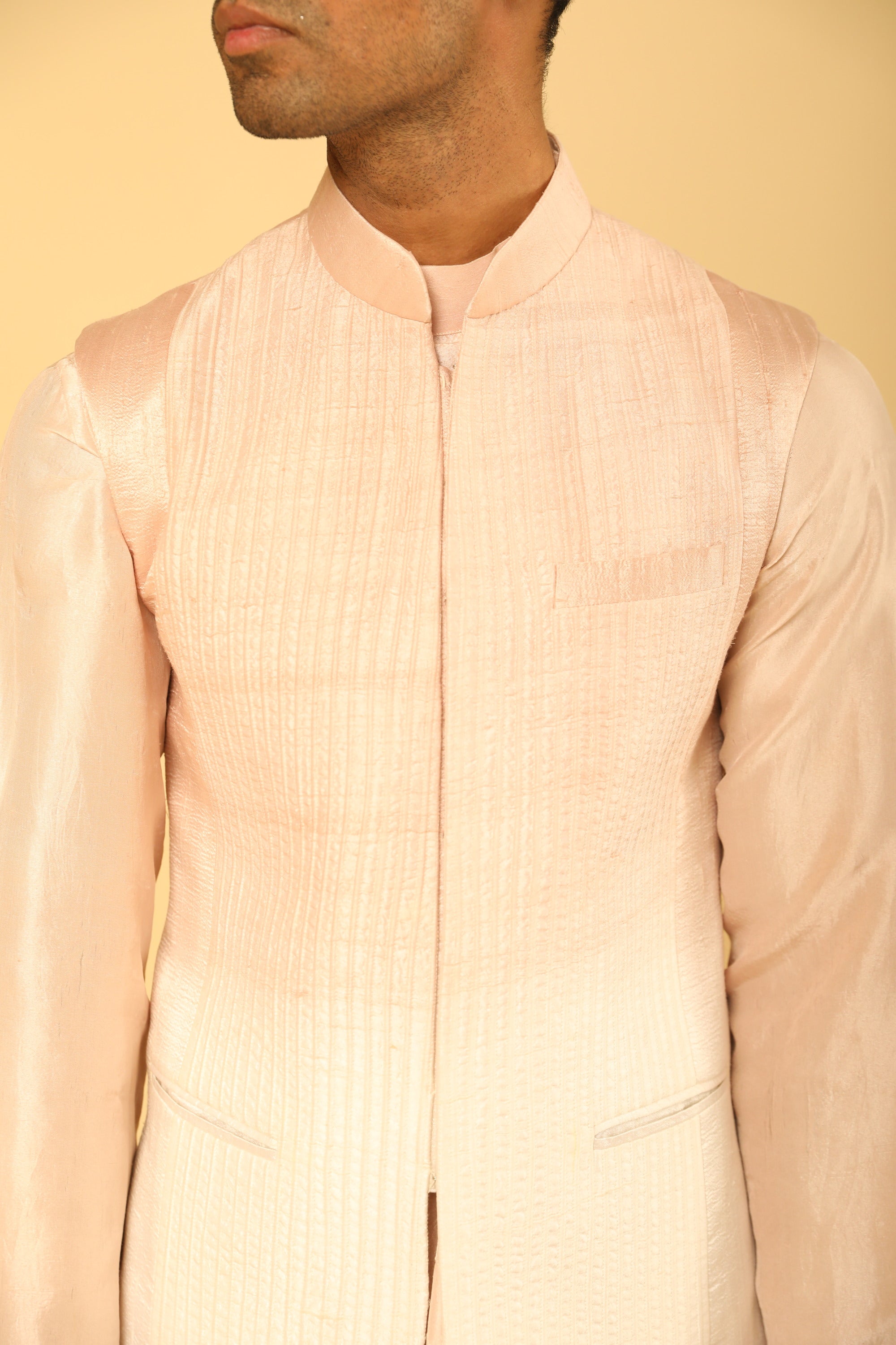 Blush Pink Pintuck Bundi And Kurta Set with fine Dori Work