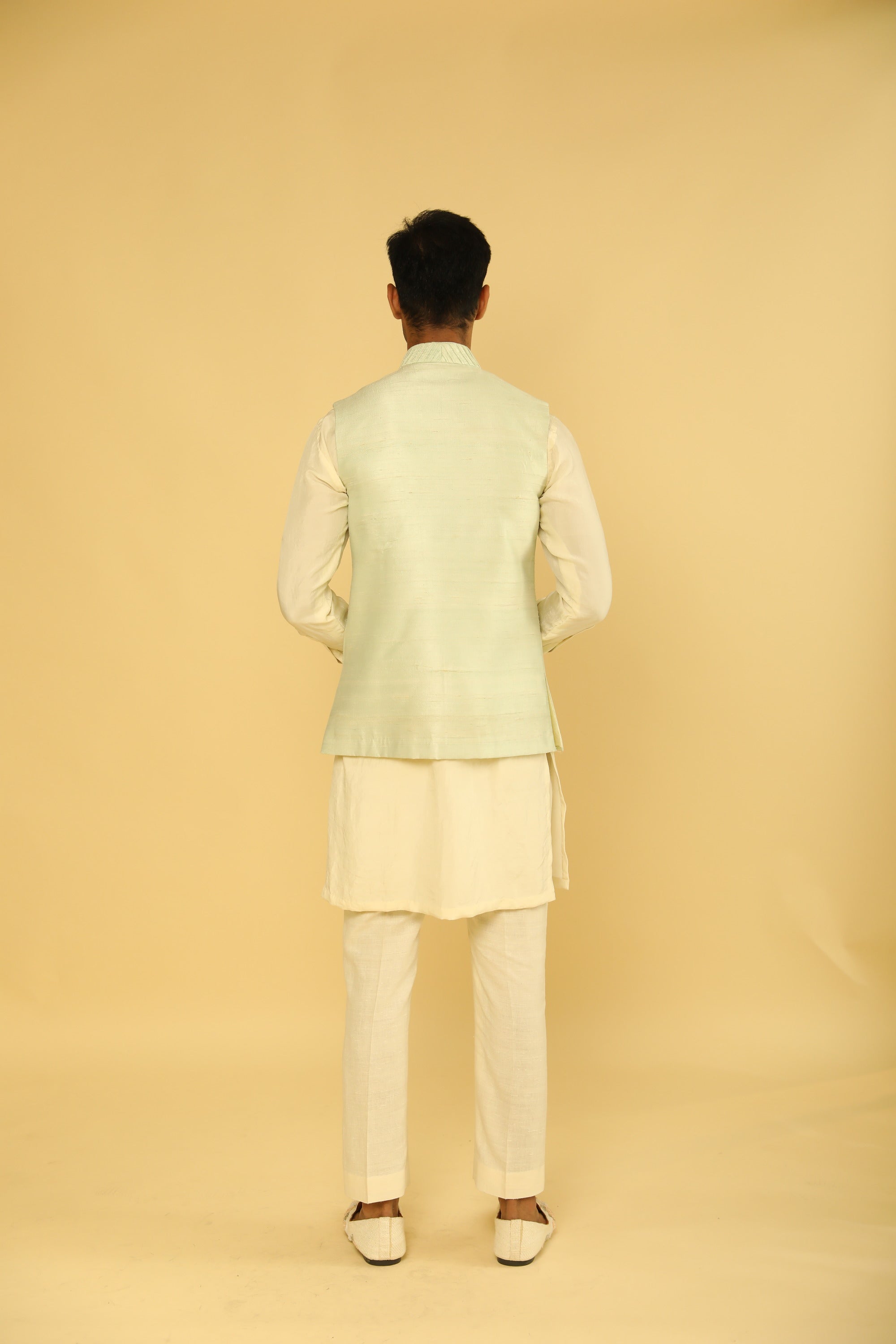 Sea Green Pintuck Bundi And Kurta Set with labyrinthine Dori Work