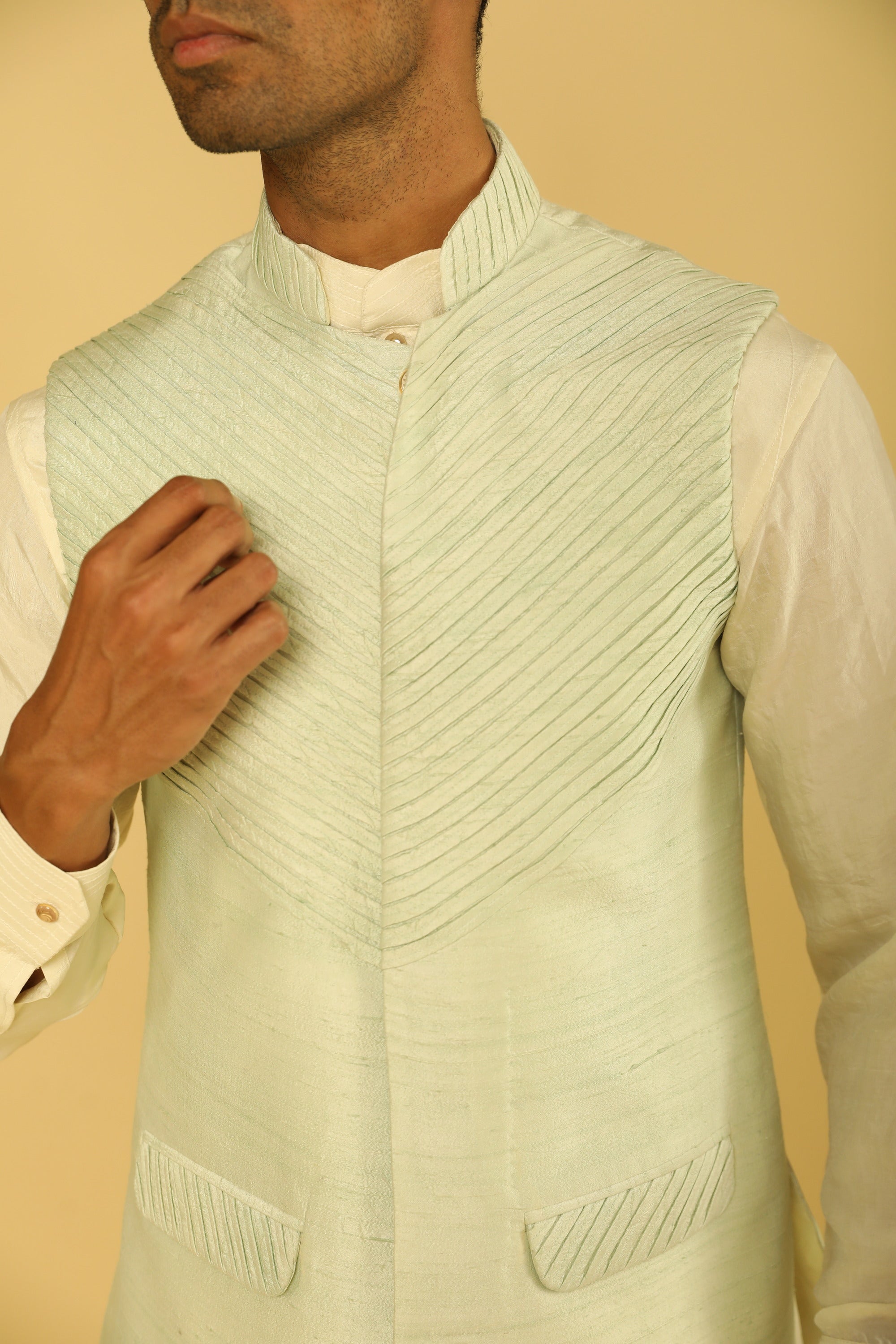 Sea Green Pintuck Bundi And Kurta Set with labyrinthine Dori Work