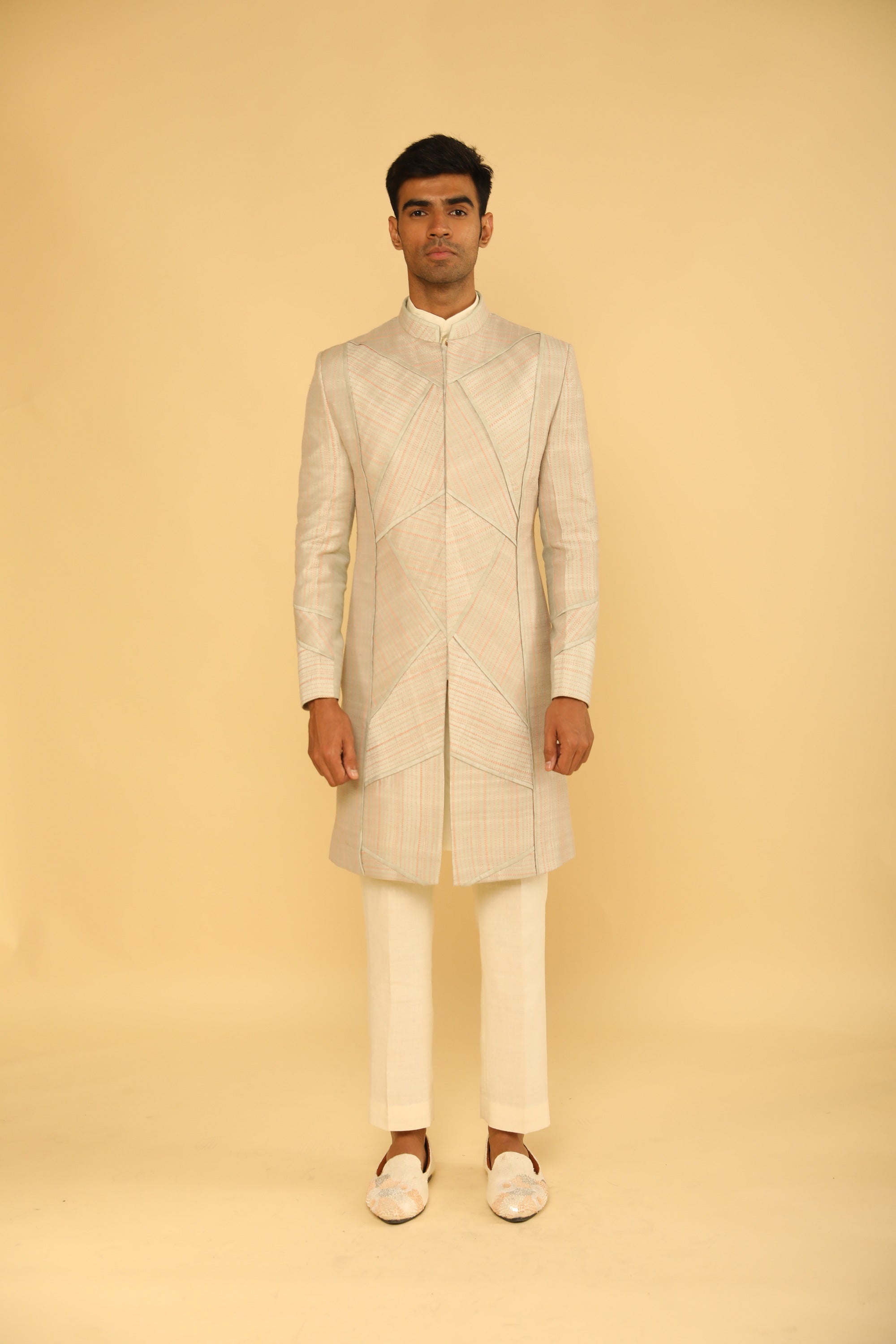 Grey Embroidered Sherwani Set with Thread & Dori Work