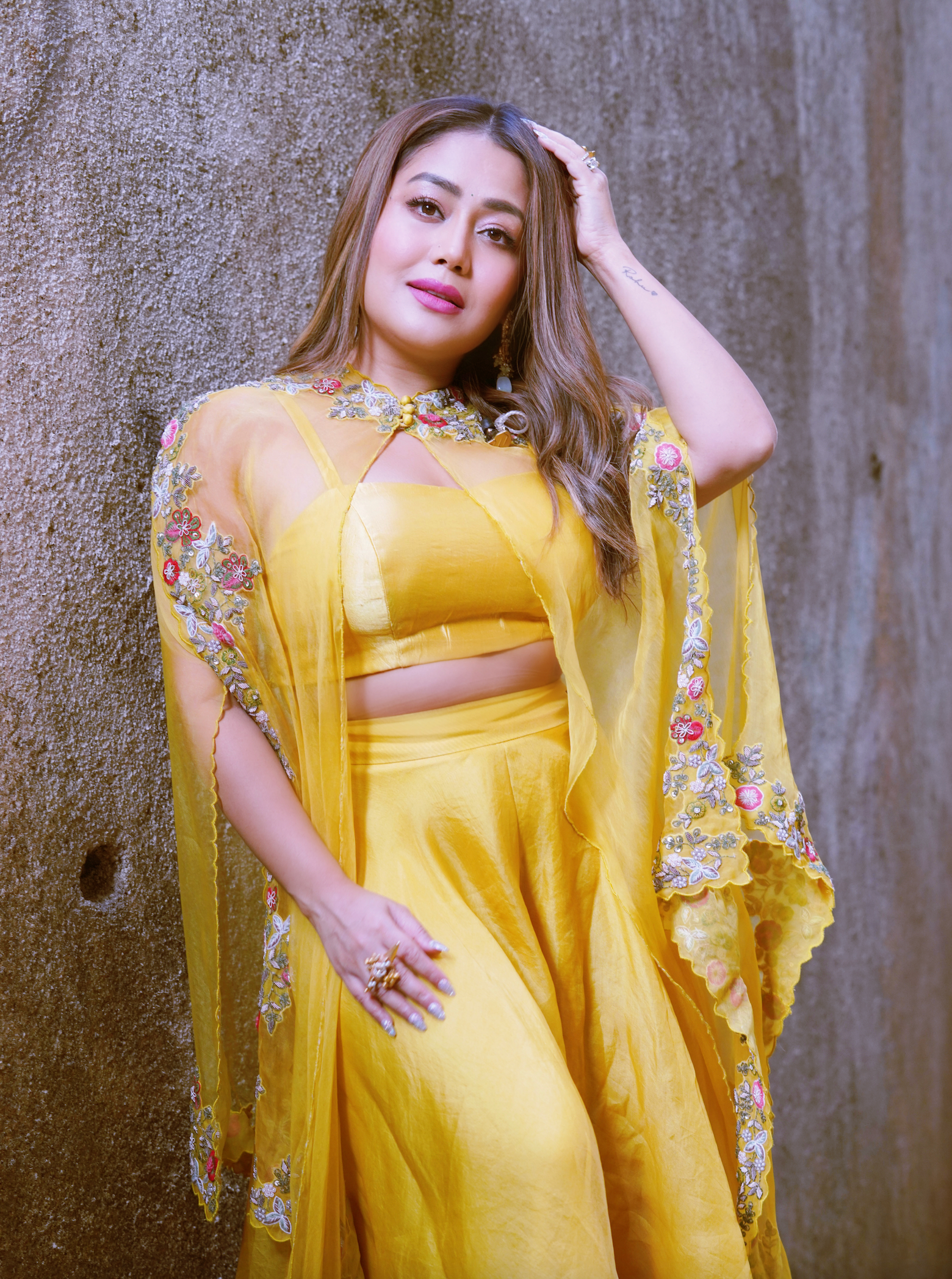 Yellow Embroidered Cape Set